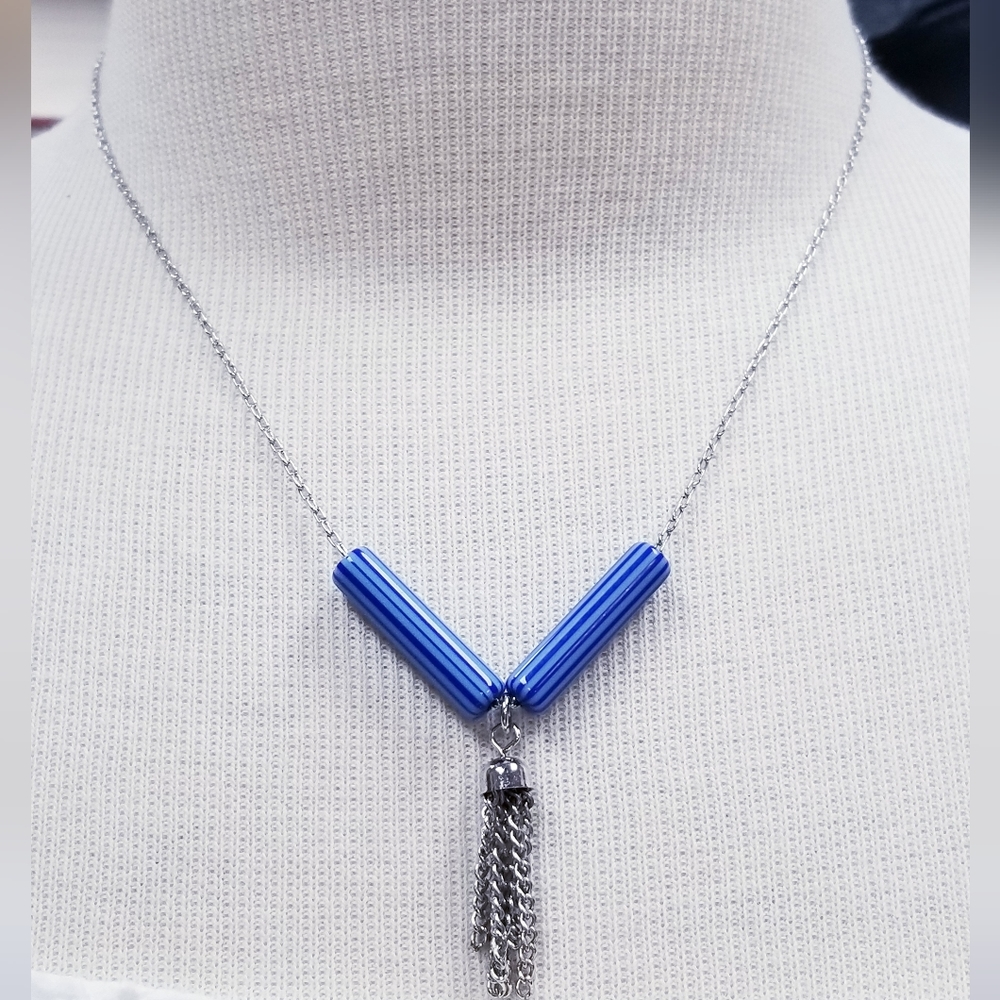 Emmons Blue Striped Lucite Tube Bead & Silver Tassel Choker Necklace, 18 inches